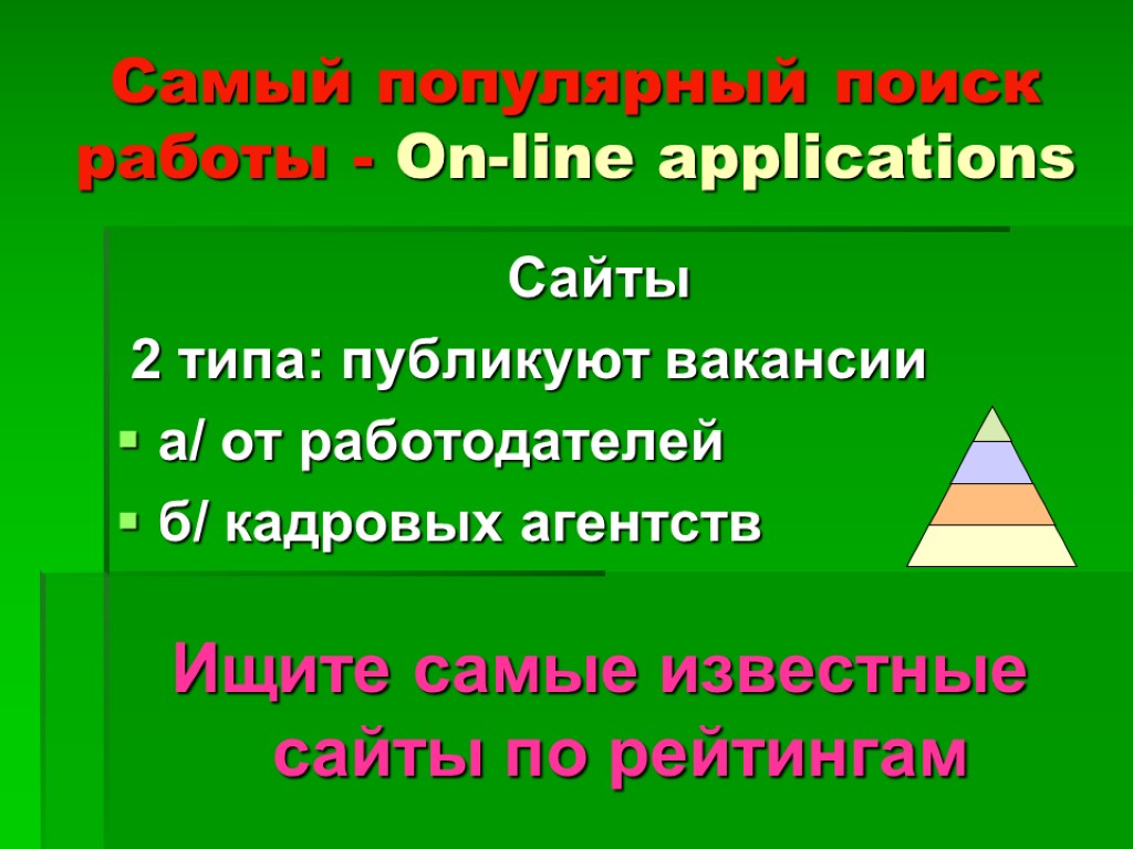 Самый популярный поиск работы - On-line applications Сайты 2 типа: публикуют вакансии а/ от